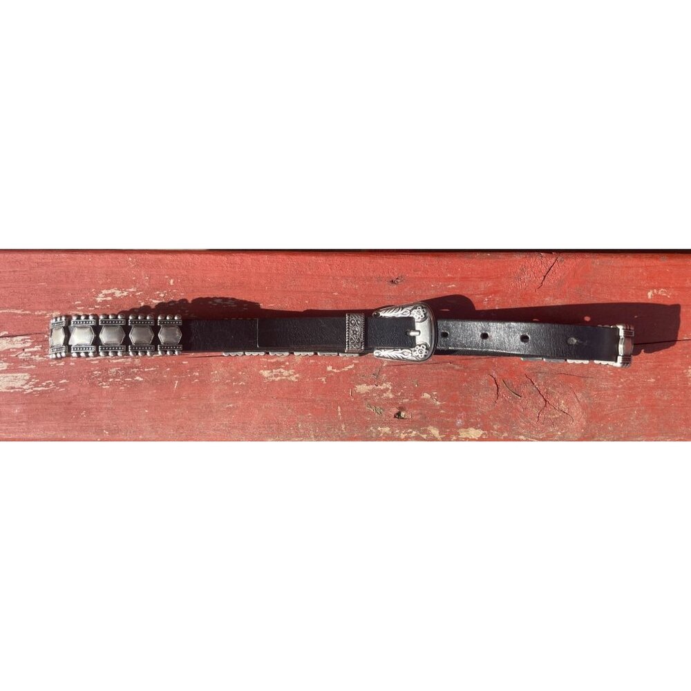 Western-Style Black Leather Belt Ornate Silver Buckle Studded Design by Albatros